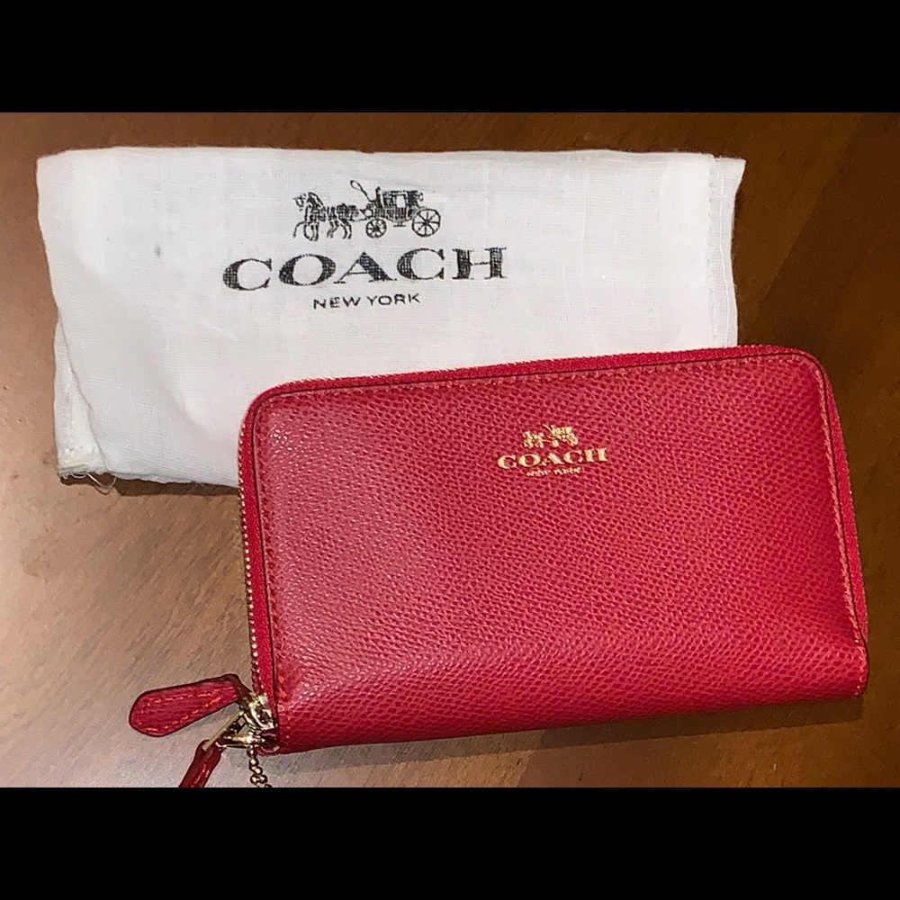 Coach Red Leather Double Zipper Wristlet